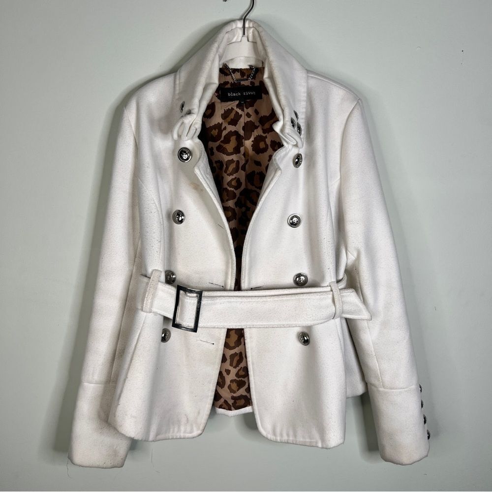 Black Rivet White Pea Coat with Leopard Lining
